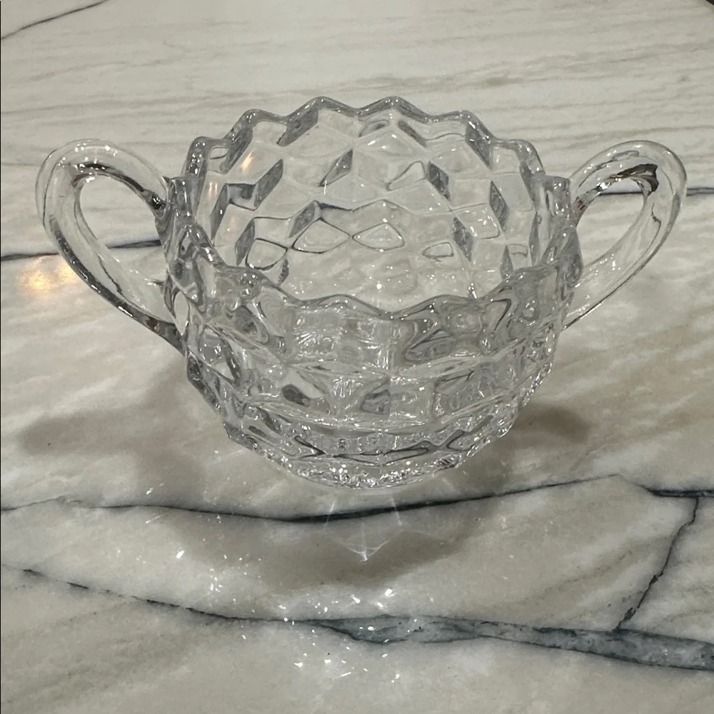 Fostoria American Cube Creamer Sugar Bowl on Tray Vintage Glass 1920-1940